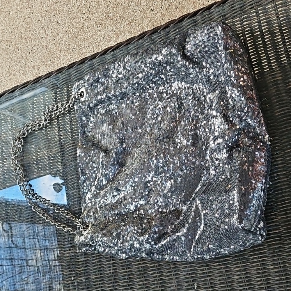 Big Buddha Black/Silver Sequin Shoulder Bag/Handbag, Chain Strap